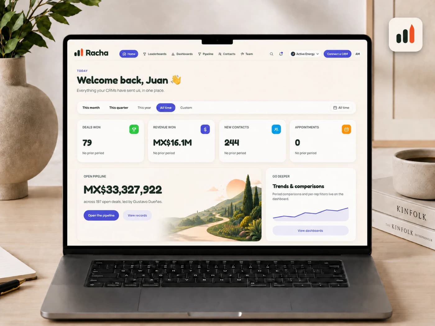 Dashboard de Racha mostrando métricas de pipeline en tiempo real en una laptop